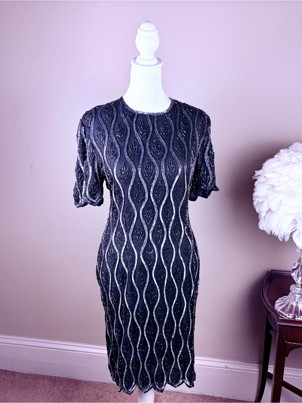 100% Silk Vintage Art Deco Stenay Beaded Cocktail Dress Size 10 Great Gatsby